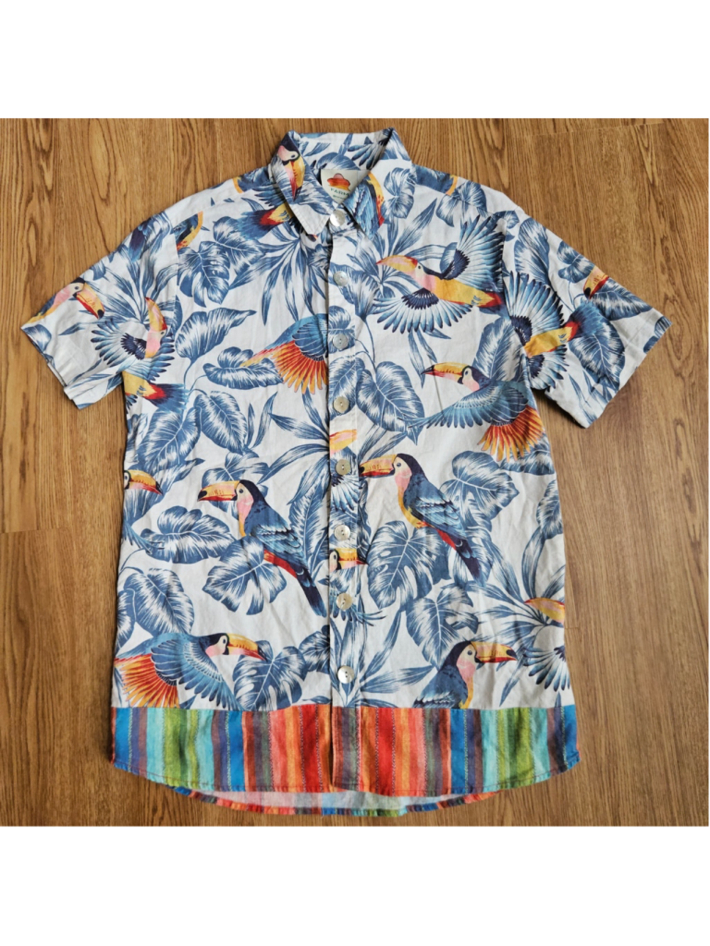 Farm Rio Flying Toucans Linen Blend Tunic Button Up Unisex Multicolor Tropical